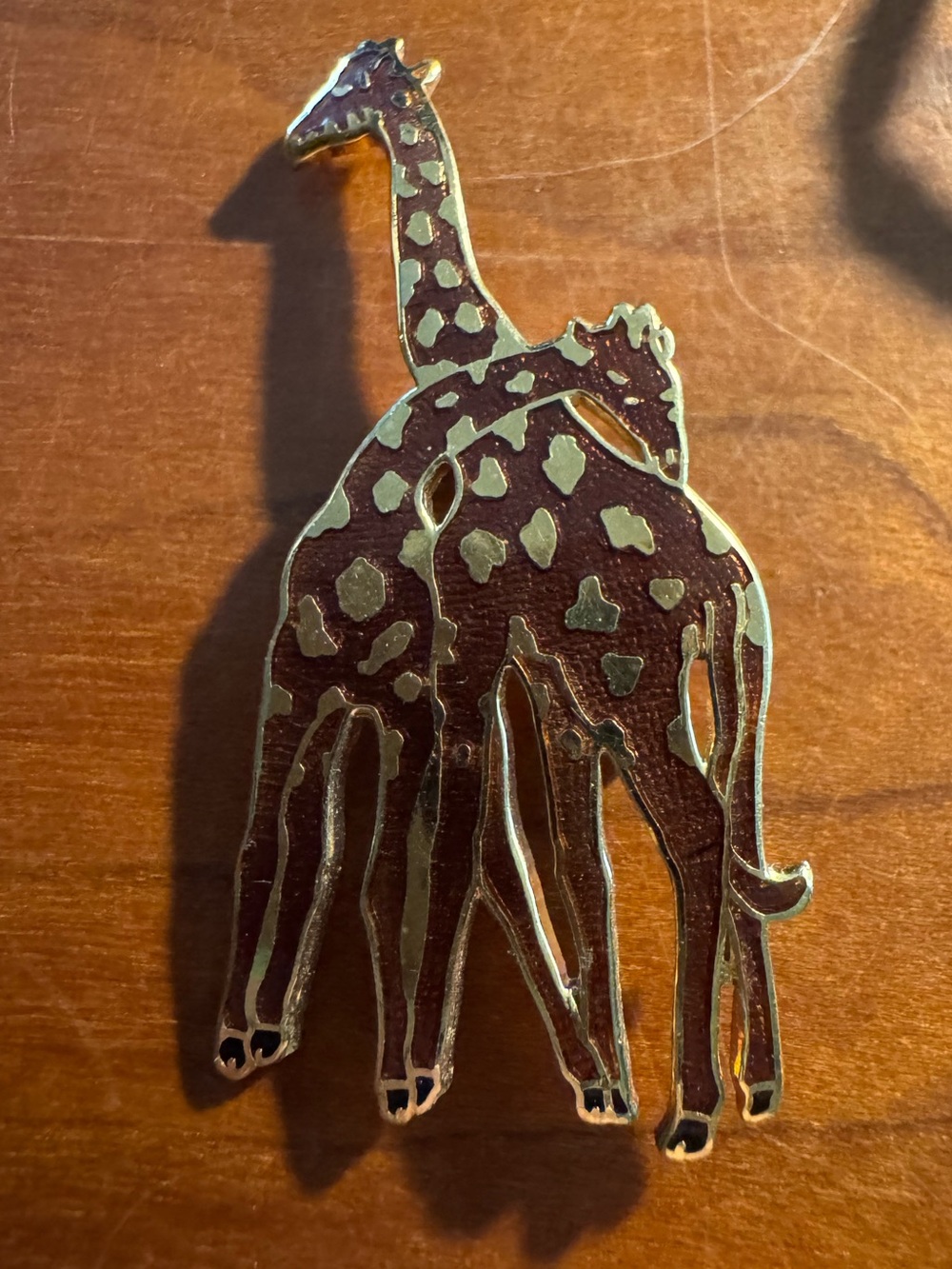 Vintage Fish Signed Giraffe Double Pin Brown and Gold Tone Enamel Animal Brooch